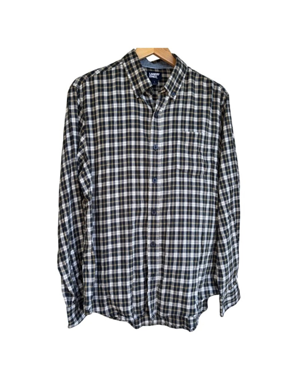 Lands End Mens Plaid Button-Up Shirt Black Yellow L Long Sleeve Cotton Blend - Picture 12 of 16